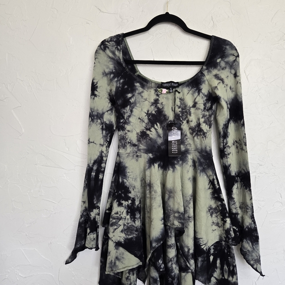 NWT Dolls Kill Current Mood Dyed Green Black Handkerchief Fairy Dress, S - Picture 3 of 9